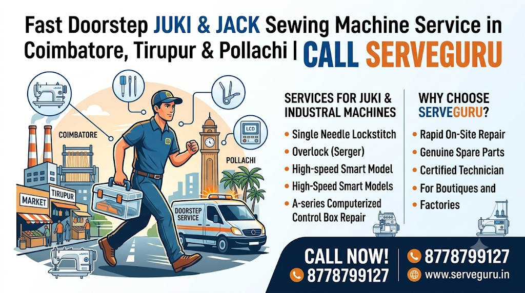 Fast Doorstep JUKI & JACK Sewing Machine Service in Coimbatore, Tirupur & Pollachi | Call ServeGuru